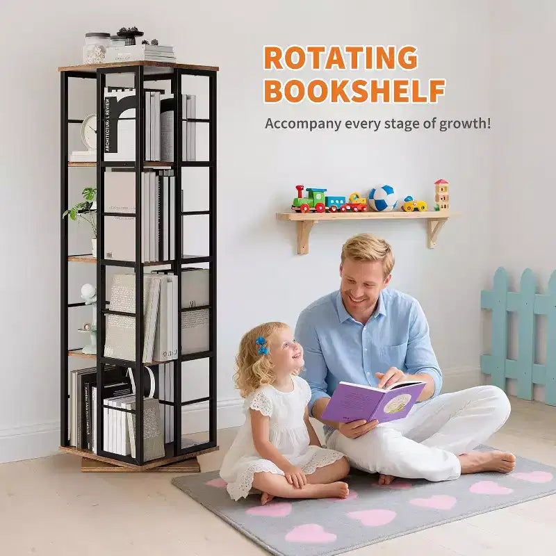 Bibliothèque rotative à 4 niveaux, étagère pivotante à 360° avec barres de sécurité, design peu encombrant pour salon, chambre, bureau, unité de rangement autoportante