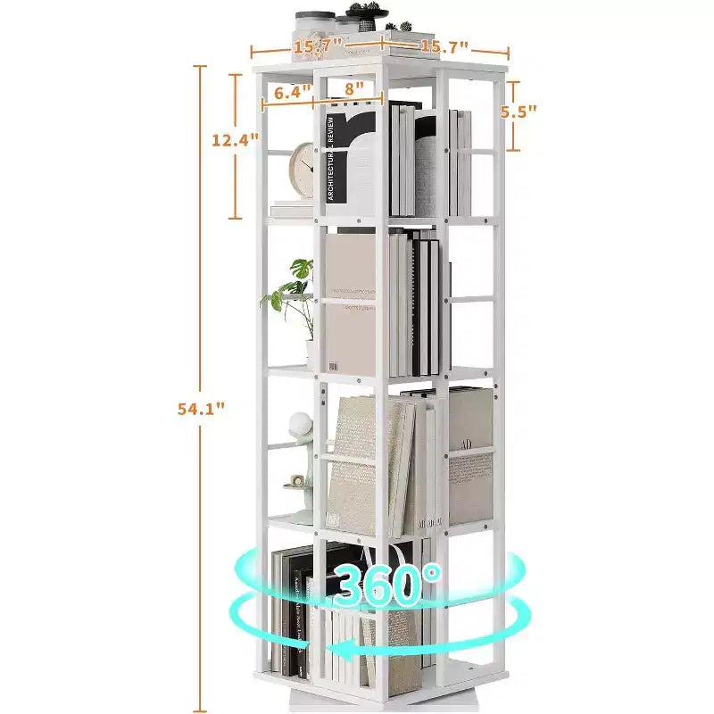 Bibliothèque rotative à 4 niveaux, étagère pivotante à 360° avec barres de sécurité, design peu encombrant pour salon, chambre, bureau, unité de rangement autoportante