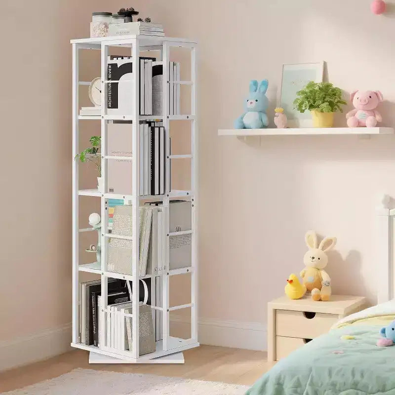 Bibliothèque rotative à 4 niveaux, étagère pivotante à 360° avec barres de sécurité, design peu encombrant pour salon, chambre, bureau, unité de rangement autoportante
