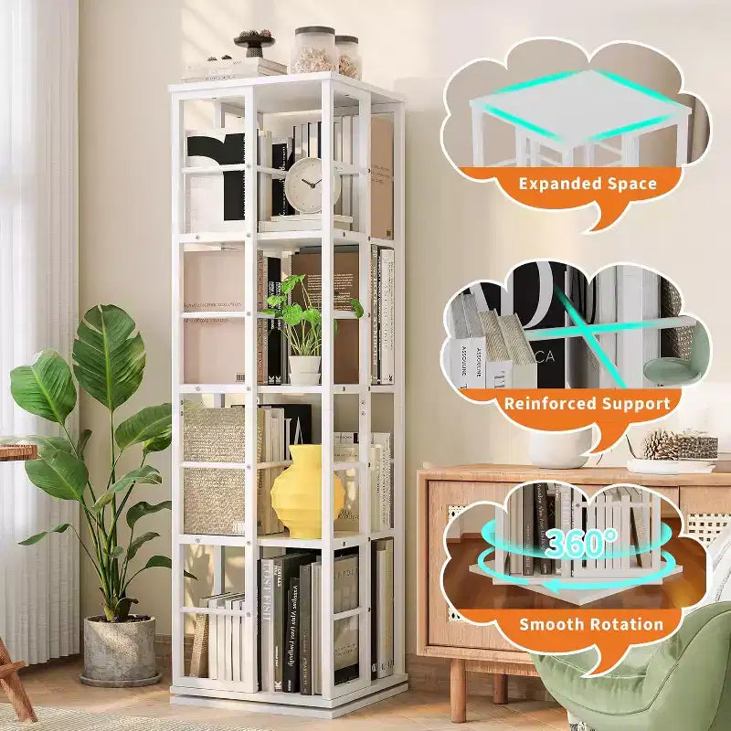 Bibliothèque rotative à 4 niveaux, étagère pivotante à 360° avec barres de sécurité, design peu encombrant pour salon, chambre, bureau, unité de rangement autoportante