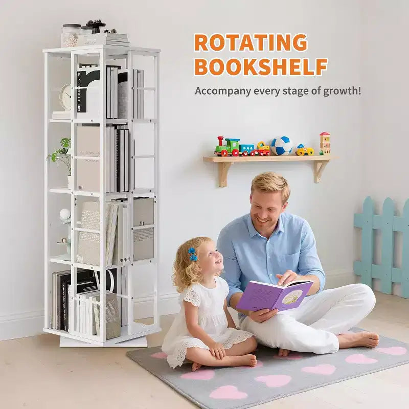 Bibliothèque rotative à 4 niveaux, étagère pivotante à 360° avec barres de sécurité, design peu encombrant pour salon, chambre, bureau, unité de rangement autoportante