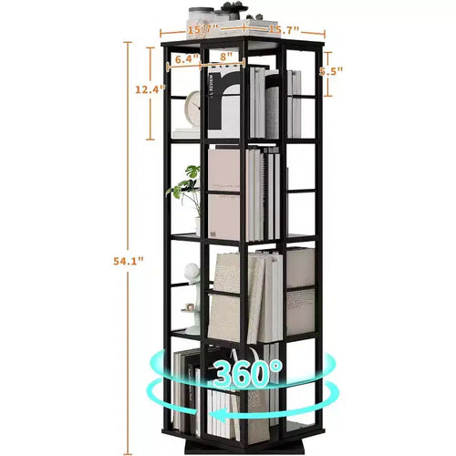 Bibliothèque rotative à 4 niveaux, étagère pivotante à 360° avec barres de sécurité, design peu encombrant pour salon, chambre, bureau, unité de rangement autoportante