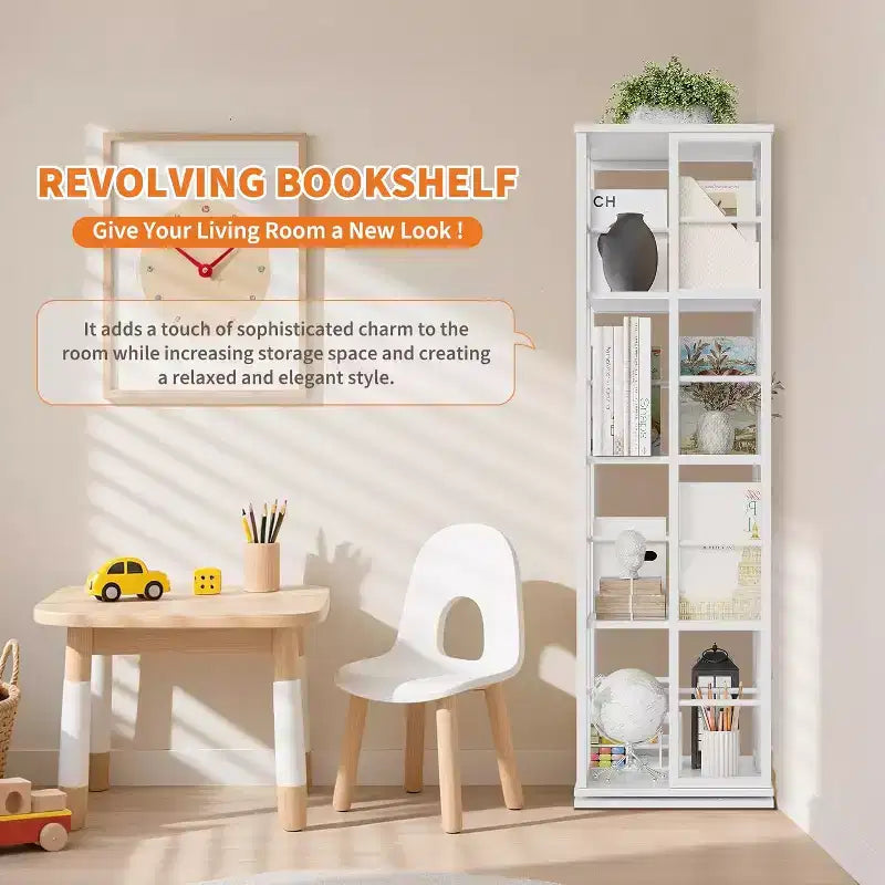 Bibliothèque rotative à 4 niveaux, étagère pivotante à 360° avec barres de sécurité, design peu encombrant pour salon, chambre, bureau, unité de rangement autoportante