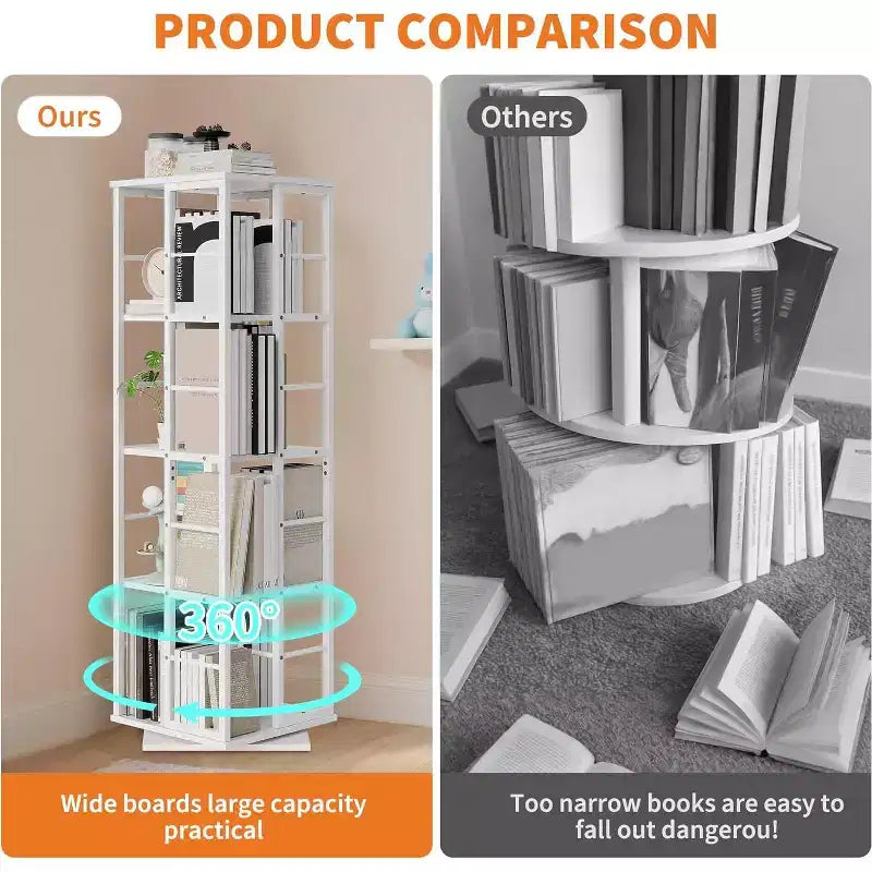 Bibliothèque rotative à 4 niveaux, étagère pivotante à 360° avec barres de sécurité, design peu encombrant pour salon, chambre, bureau, unité de rangement autoportante
