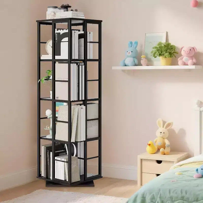 Bibliothèque rotative à 4 niveaux, étagère pivotante à 360° avec barres de sécurité, design peu encombrant pour salon, chambre, bureau, unité de rangement autoportante