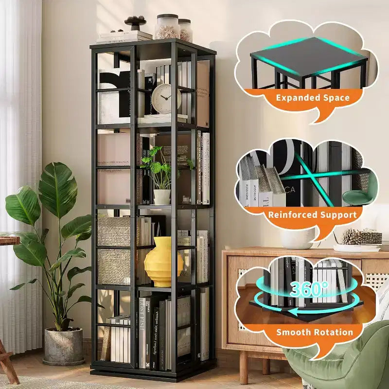 Bibliothèque rotative à 4 niveaux, étagère pivotante à 360° avec barres de sécurité, design peu encombrant pour salon, chambre, bureau, unité de rangement autoportante