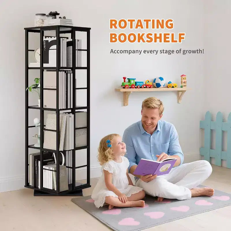 Bibliothèque rotative à 4 niveaux, étagère pivotante à 360° avec barres de sécurité, design peu encombrant pour salon, chambre, bureau, unité de rangement autoportante