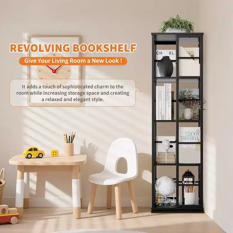 Bibliothèque rotative à 4 niveaux, étagère pivotante à 360° avec barres de sécurité, design peu encombrant pour salon, chambre, bureau, unité de rangement autoportante