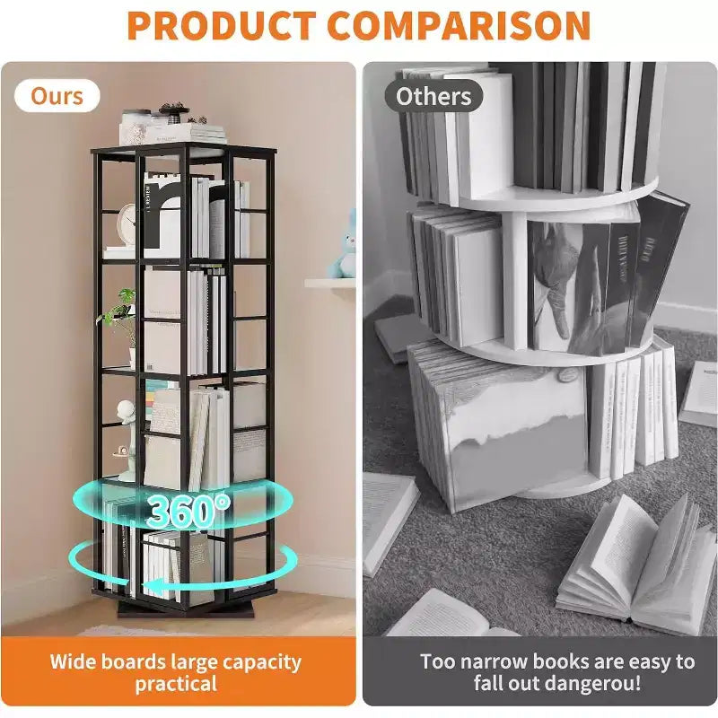 Bibliothèque rotative à 4 niveaux, étagère pivotante à 360° avec barres de sécurité, design peu encombrant pour salon, chambre, bureau, unité de rangement autoportante