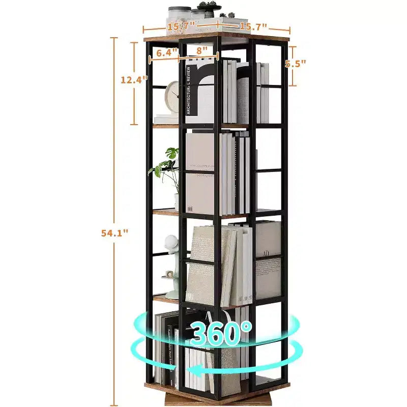 Bibliothèque rotative à 4 niveaux, étagère pivotante à 360° avec barres de sécurité, design peu encombrant pour salon, chambre, bureau, unité de rangement autoportante