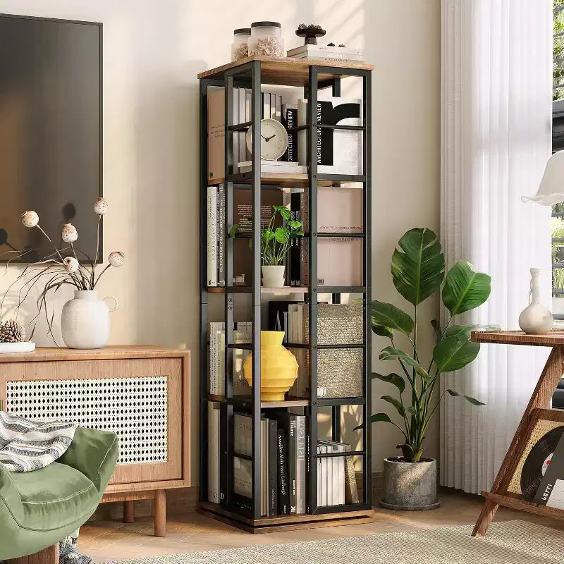 Bibliothèque rotative à 4 niveaux, étagère pivotante à 360° avec barres de sécurité, design peu encombrant pour salon, chambre, bureau, unité de rangement autoportante