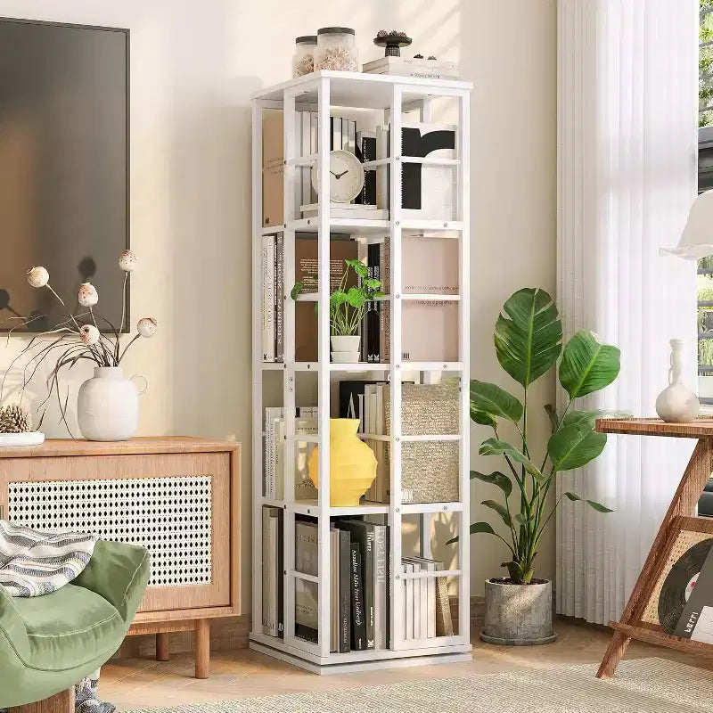 Bibliothèque rotative à 4 niveaux, étagère pivotante à 360° avec barres de sécurité, design peu encombrant pour salon, chambre, bureau, unité de rangement autoportante