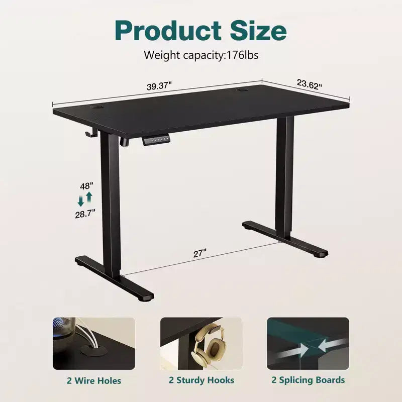 Bureau debout électrique ergonomique avec hauteur réglable de 73 à 122 cm, bureau d'ordinateur avec écran LED, crochets, moteur silencieux pour le bureau à domicile