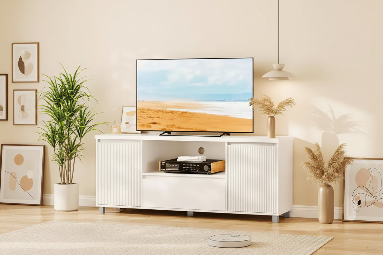 Fluted TV Stand for 65 in TV, Entertainment Center with Storage Drawer and Open Shelf, Modern TV Media Console Cabinet Furniture