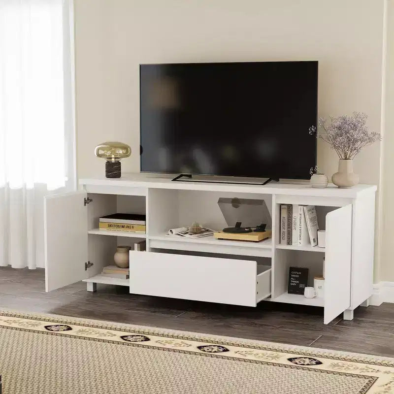 Meuble TV cannelé pour téléviseur de 65 pouces, centre de divertissement avec tiroir de rangement et étagère ouverte, meuble console TV média moderne