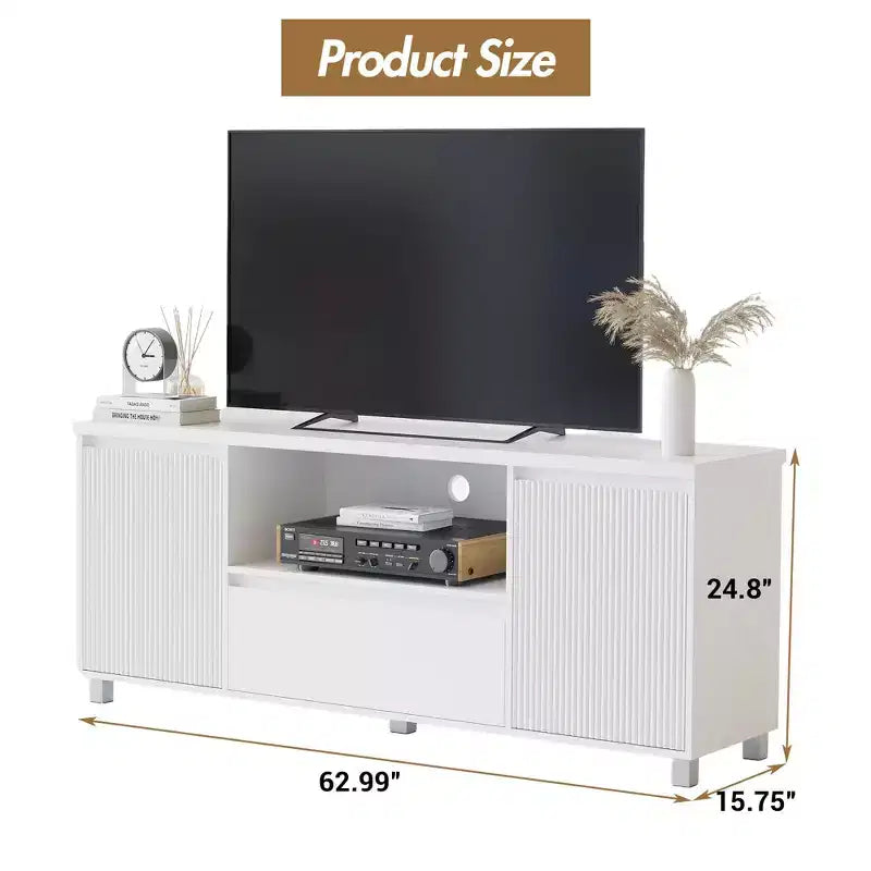 Meuble TV cannelé pour téléviseur de 65 pouces, centre de divertissement avec tiroir de rangement et étagère ouverte, meuble console TV média moderne