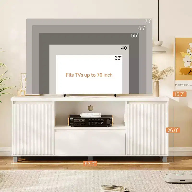 Meuble TV cannelé pour téléviseur de 65 pouces, centre de divertissement avec tiroir de rangement et étagère ouverte, meuble console TV média moderne