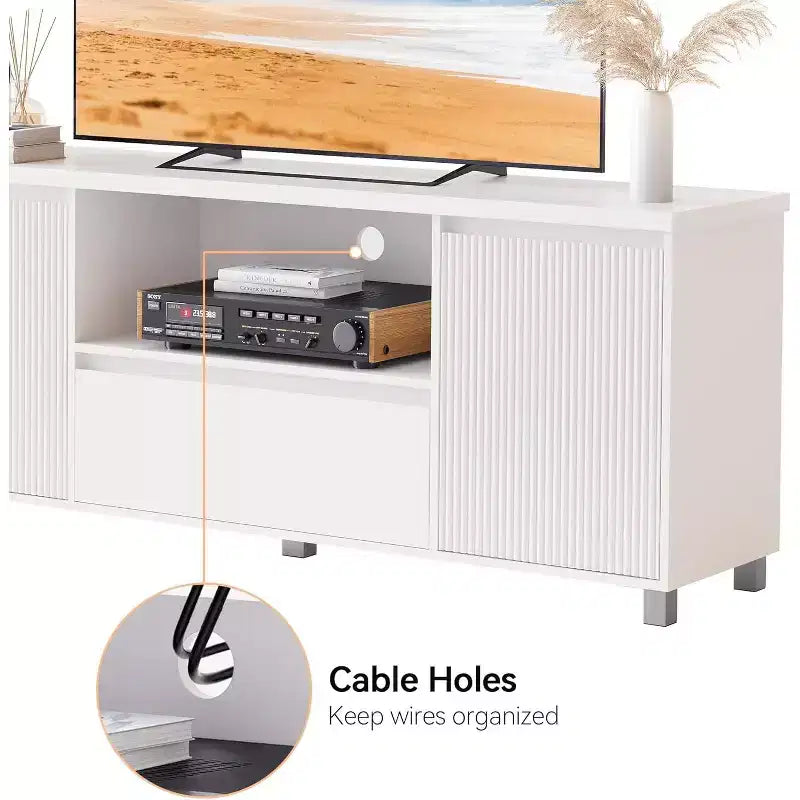 Meuble TV cannelé pour téléviseur de 65 pouces, centre de divertissement avec tiroir de rangement et étagère ouverte, meuble console TV média moderne