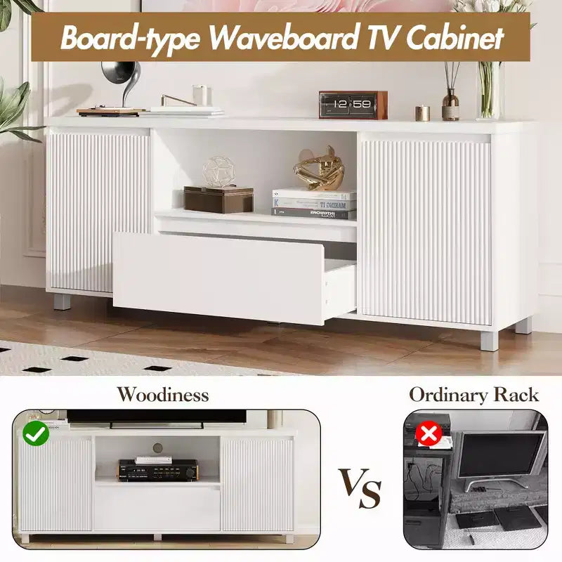 Meuble TV cannelé pour téléviseur de 65 pouces, centre de divertissement avec tiroir de rangement et étagère ouverte, meuble console TV média moderne