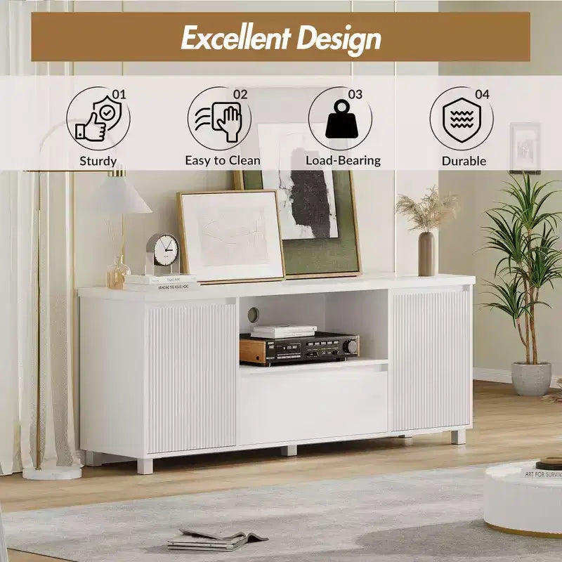 Meuble TV cannelé pour téléviseur de 65 pouces, centre de divertissement avec tiroir de rangement et étagère ouverte, meuble console TV média moderne