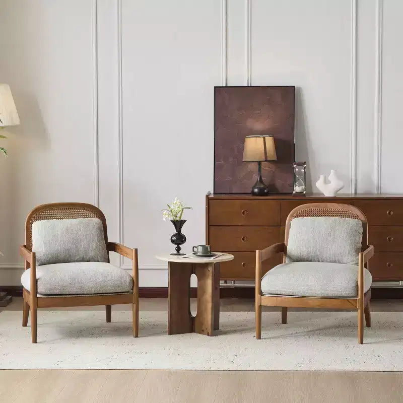 Lot de 2 chaises Mid-Century de 26,6 po, dossier en rotin, cadre en noyer, coin lecture de salon, vert grisâtre
