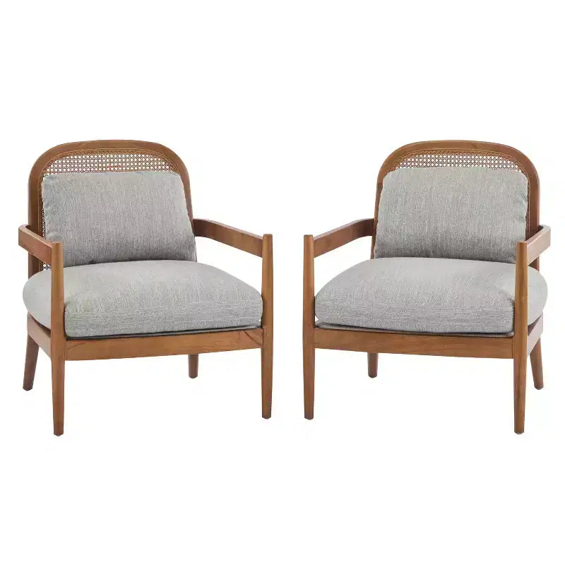 Lot de 2 chaises Mid-Century de 26,6 po, dossier en rotin, cadre en noyer, coin lecture de salon, vert grisâtre