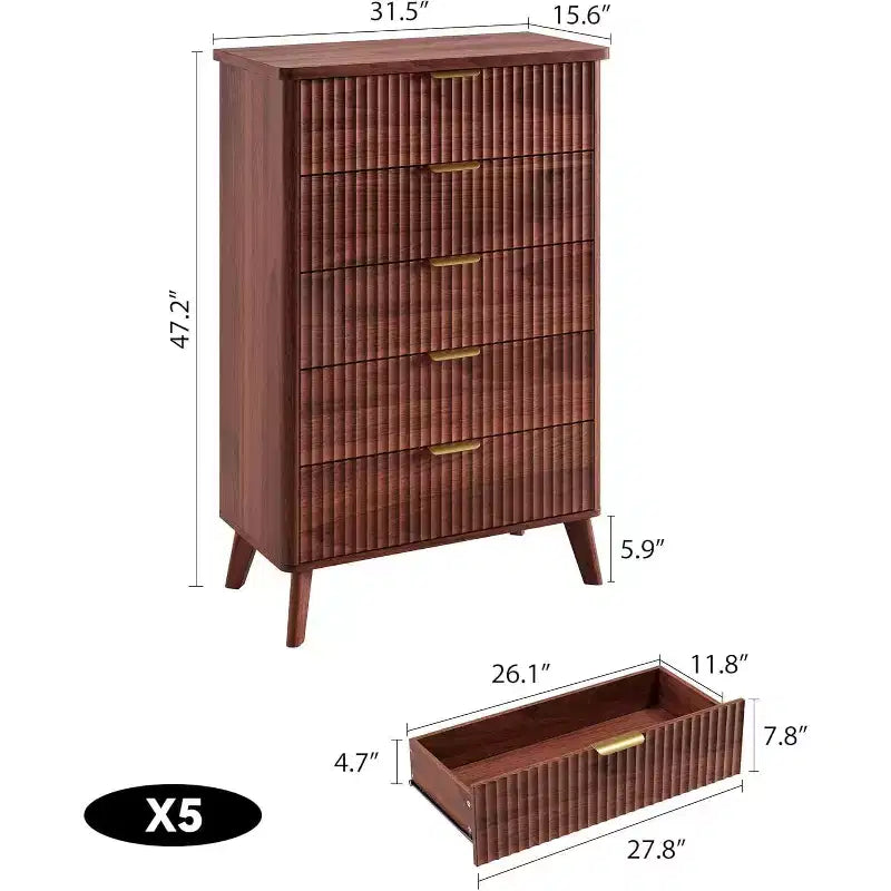 Commode cannelée pour chambre à coucher avec 5 tiroirs profonds, commode haute de 120 cm, design à profil incurvé, commode moderne en bois, pour salon