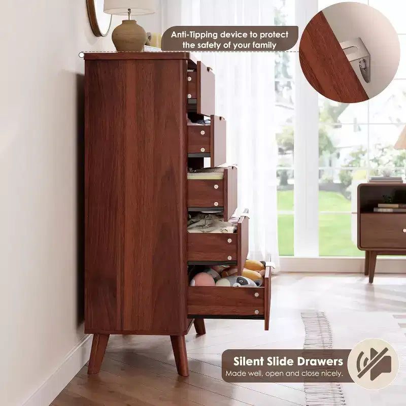 Commode cannelée pour chambre à coucher avec 5 tiroirs profonds, commode haute de 120 cm, design à profil incurvé, commode moderne en bois, pour salon