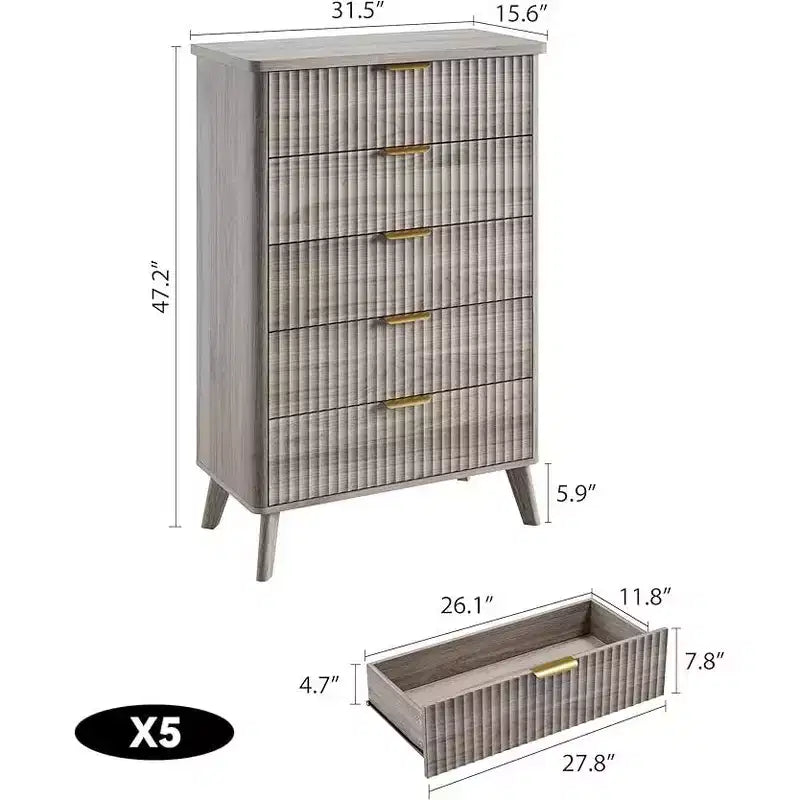 Commode cannelée pour chambre à coucher avec 5 tiroirs profonds, commode haute de 120 cm, design à profil incurvé, commode moderne en bois, pour salon