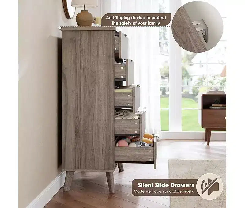 Commode cannelée pour chambre à coucher avec 5 tiroirs profonds, commode haute de 120 cm, design à profil incurvé, commode moderne en bois, pour salon