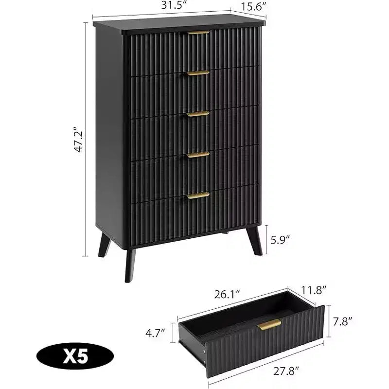 Commode cannelée pour chambre à coucher avec 5 tiroirs profonds, commode haute de 120 cm, design à profil incurvé, commode moderne en bois, pour salon