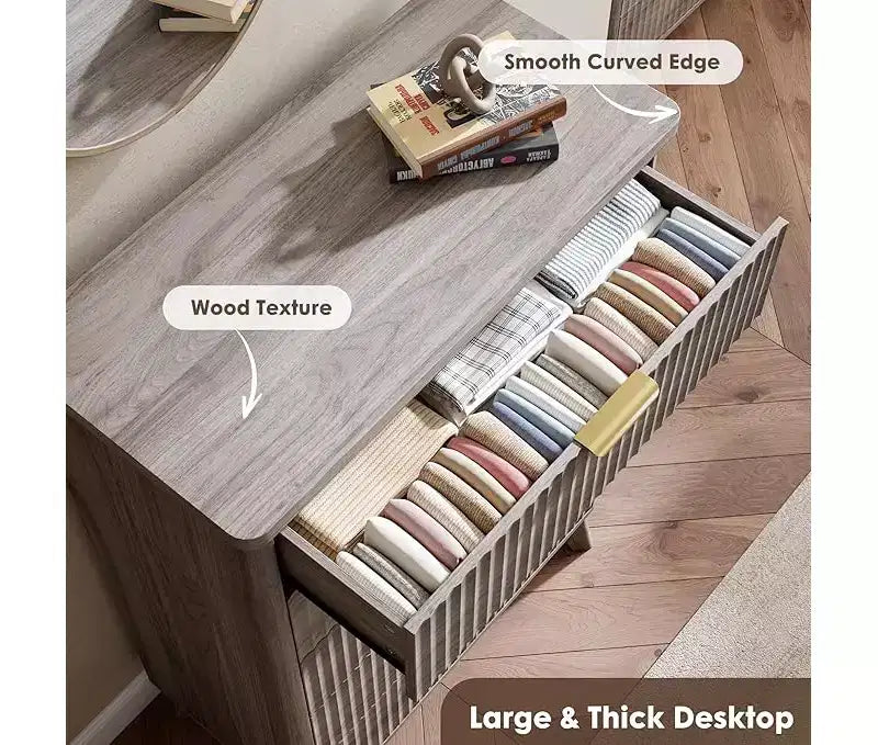 Commode cannelée pour chambre à coucher avec 5 tiroirs profonds, commode haute de 120 cm, design à profil incurvé, commode moderne en bois, pour salon