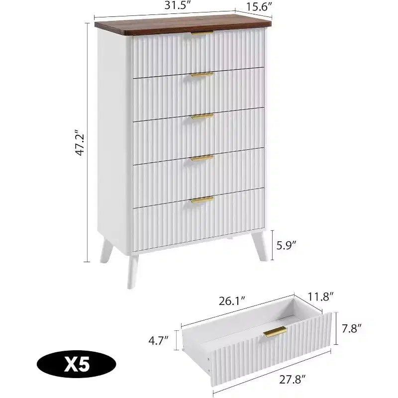 Commode cannelée pour chambre à coucher avec 5 tiroirs profonds, commode haute de 120 cm, design à profil incurvé, commode moderne en bois, pour salon