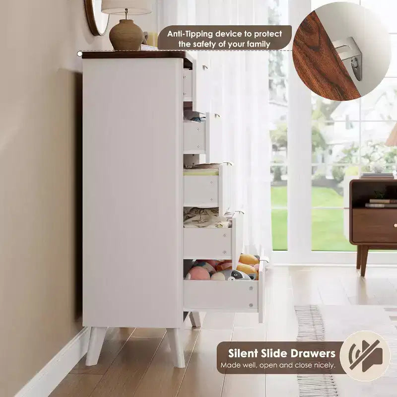 Commode cannelée pour chambre à coucher avec 5 tiroirs profonds, commode haute de 120 cm, design à profil incurvé, commode moderne en bois, pour salon