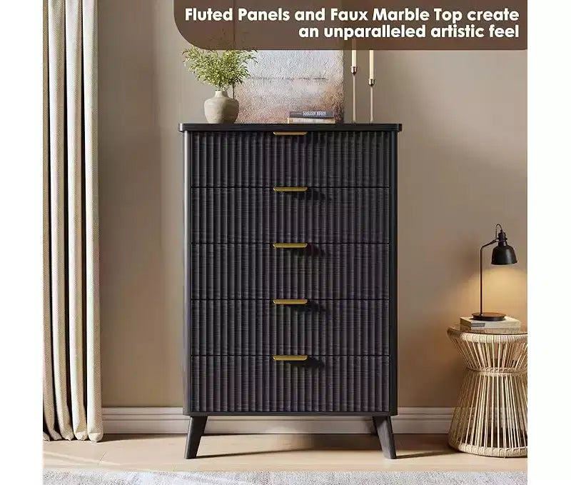 Commode cannelée pour chambre à coucher avec 5 tiroirs profonds, commode haute de 120 cm, design à profil incurvé, commode moderne en bois, pour salon