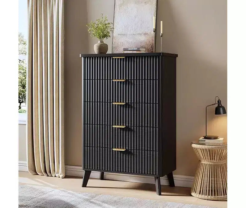 Commode cannelée pour chambre à coucher avec 5 tiroirs profonds, commode haute de 120 cm, design à profil incurvé, commode moderne en bois, pour salon