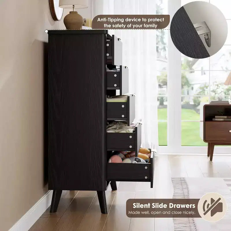Commode cannelée pour chambre à coucher avec 5 tiroirs profonds, commode haute de 120 cm, design à profil incurvé, commode moderne en bois, pour salon