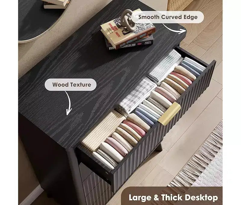 Commode cannelée pour chambre à coucher avec 5 tiroirs profonds, commode haute de 120 cm, design à profil incurvé, commode moderne en bois, pour salon