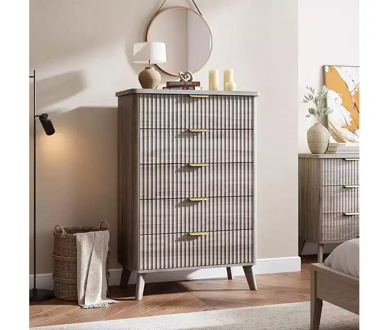 Commode cannelée pour chambre à coucher avec 5 tiroirs profonds, commode haute de 120 cm, design à profil incurvé, commode moderne en bois, pour salon