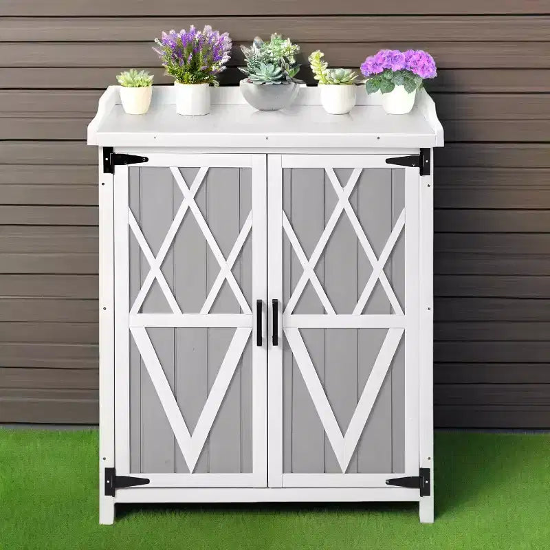 Établi de Rempotage Extérieur avec Plateau en Métal - Armoire de Rangement de Jardin Résistante aux Intempéries avec Étagère Réglable pour Patio, Terrasse et Pelouse