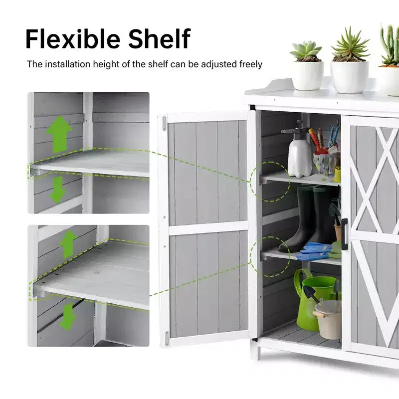 Établi de Rempotage Extérieur avec Plateau en Métal - Armoire de Rangement de Jardin Résistante aux Intempéries avec Étagère Réglable pour Patio, Terrasse et Pelouse