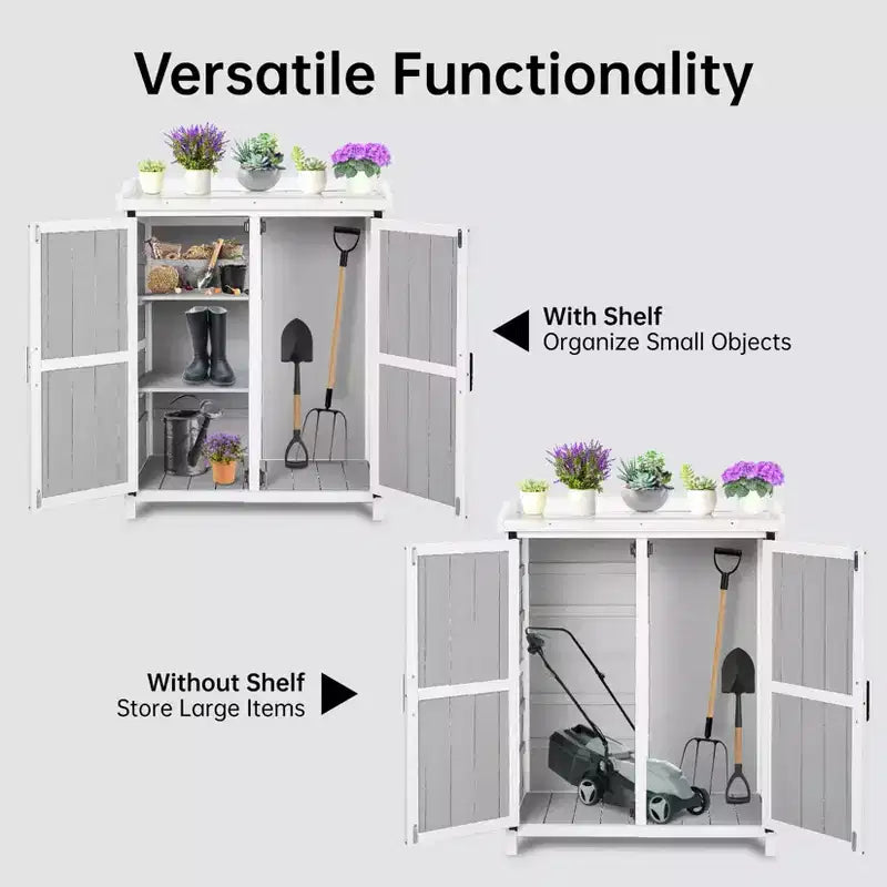 Établi de Rempotage Extérieur avec Plateau en Métal - Armoire de Rangement de Jardin Résistante aux Intempéries avec Étagère Réglable pour Patio, Terrasse et Pelouse