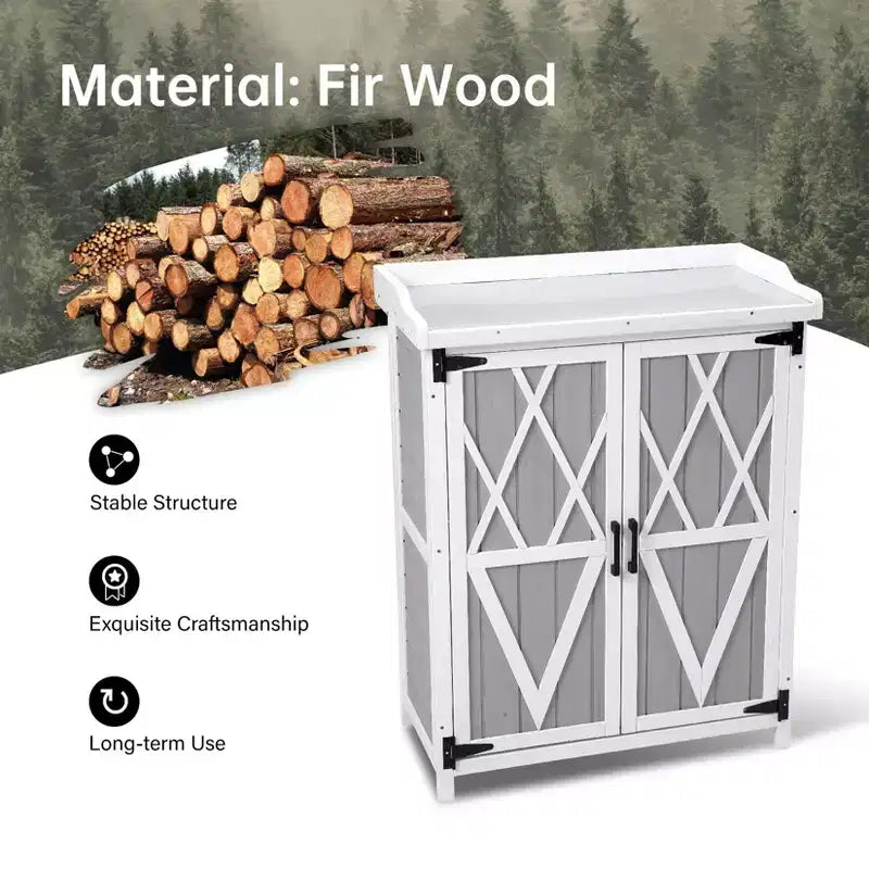 Établi de Rempotage Extérieur avec Plateau en Métal - Armoire de Rangement de Jardin Résistante aux Intempéries avec Étagère Réglable pour Patio, Terrasse et Pelouse
