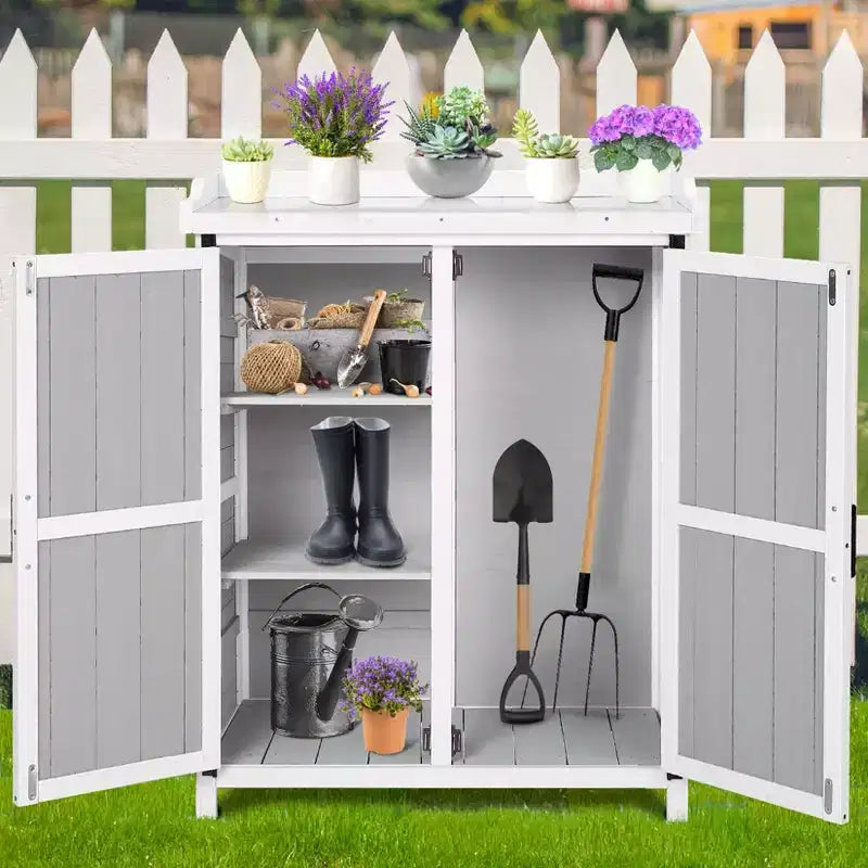Établi de Rempotage Extérieur avec Plateau en Métal - Armoire de Rangement de Jardin Résistante aux Intempéries avec Étagère Réglable pour Patio, Terrasse et Pelouse