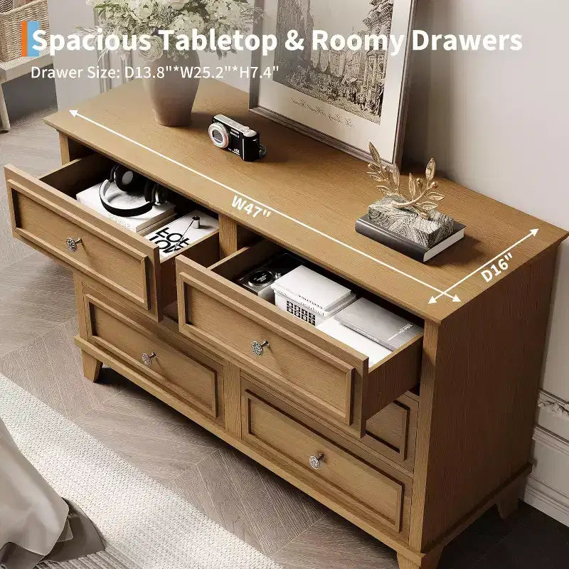 Commode de style fermier à 6 tiroirs, commode double large et meuble TV avec poignées vintage, meuble de rangement en bois pour chambre à coucher, salon
