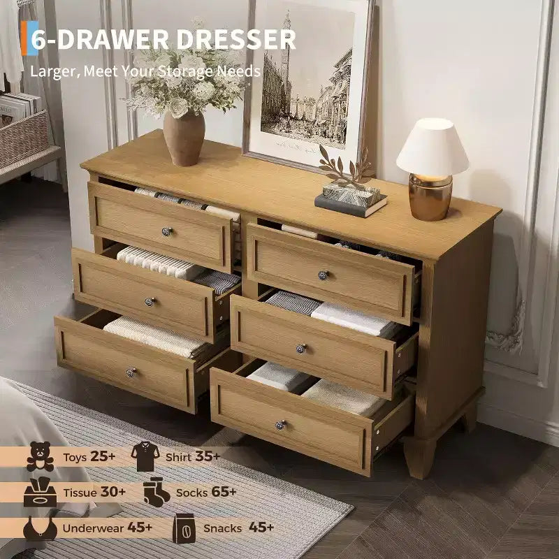 Commode de style fermier à 6 tiroirs, commode double large et meuble TV avec poignées vintage, meuble de rangement en bois pour chambre à coucher, salon