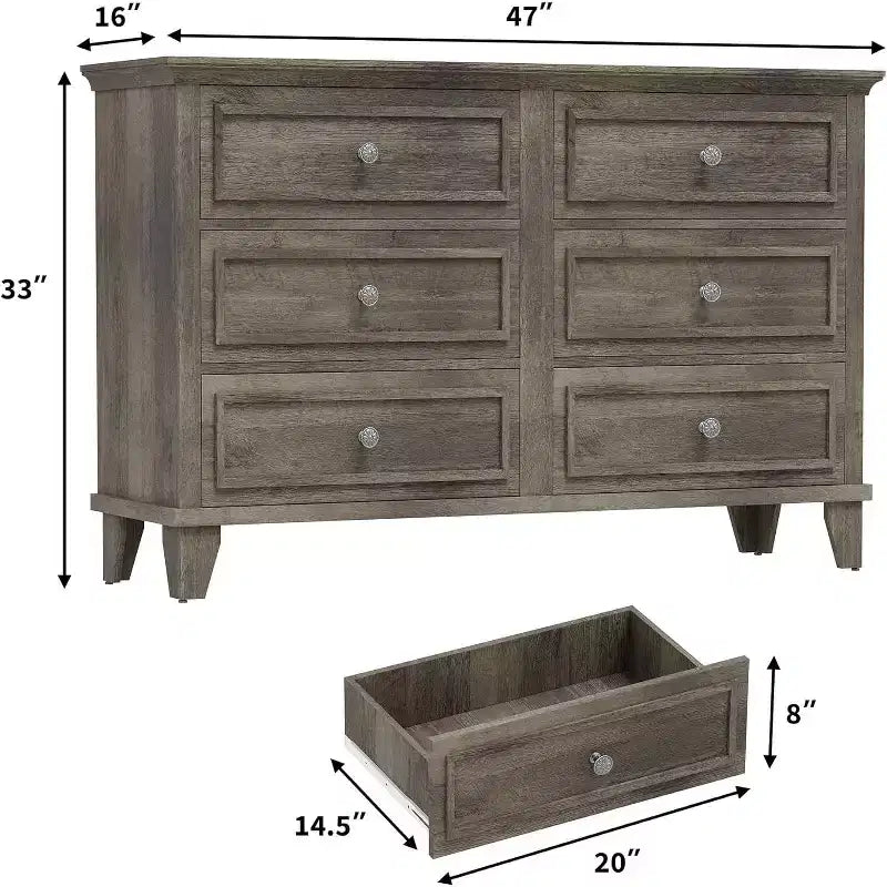 Commode de style fermier à 6 tiroirs, commode double large et meuble TV avec poignées vintage, meuble de rangement en bois pour chambre à coucher, salon