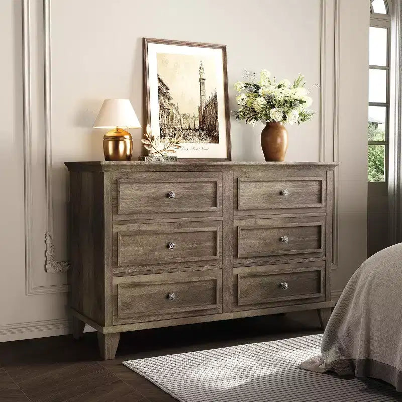 Commode de style fermier à 6 tiroirs, commode double large et meuble TV avec poignées vintage, meuble de rangement en bois pour chambre à coucher, salon