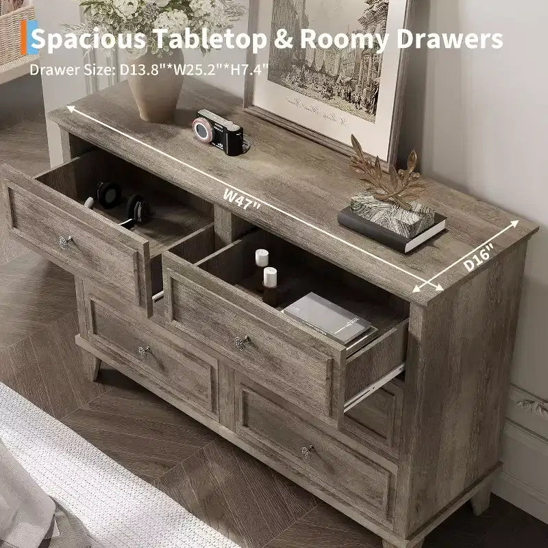 Commode de style fermier à 6 tiroirs, commode double large et meuble TV avec poignées vintage, meuble de rangement en bois pour chambre à coucher, salon