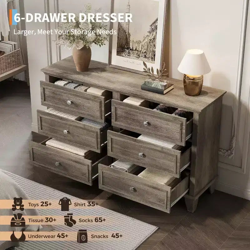 Commode de style fermier à 6 tiroirs, commode double large et meuble TV avec poignées vintage, meuble de rangement en bois pour chambre à coucher, salon